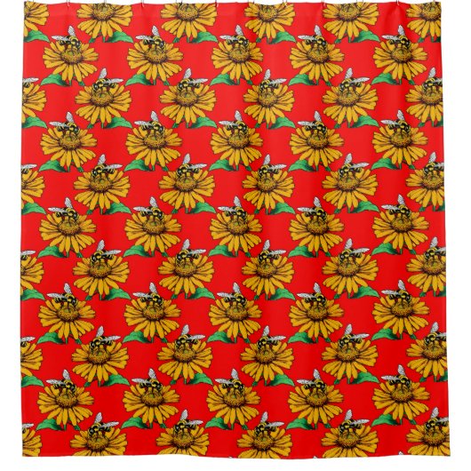 Bee on Sunflower Flower Pattern Design Red Douchegordijn (Voorkant)