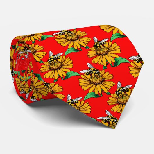 Bee on Sunflower Flower Pattern Design Red  Stropdas (Opgerold)