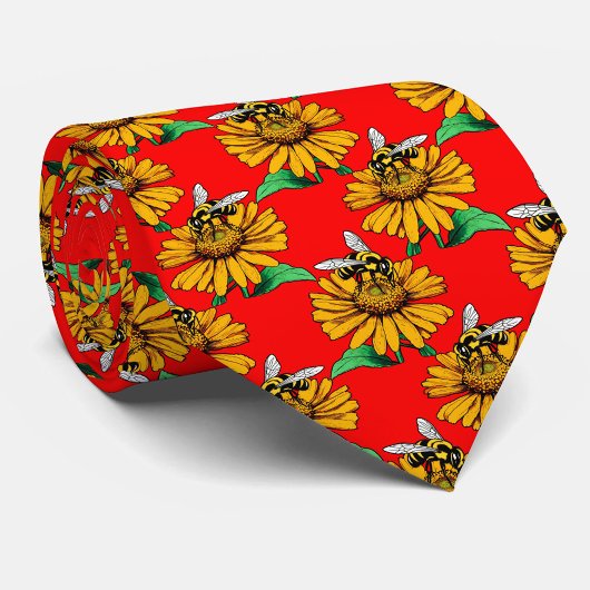 Bee on Sunflower Flower Pattern Design Red Stropdas