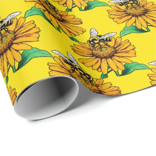 Bee on Sunflower Flower Pattern Design Yellow  Cadeaupapier (Rol Hoek)