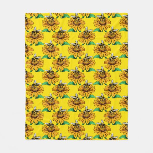 Bee on Sunflower Flower Pattern Design Yellow Fleece Deken (Voorkant)