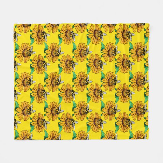 Bee on Sunflower Flower Pattern Design Yellow Fleece Deken (Voorkant (Horizontaal))