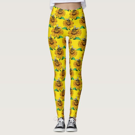 Bee on Sunflower Flower Pattern Design Yellow  Leggings (Voorkant)