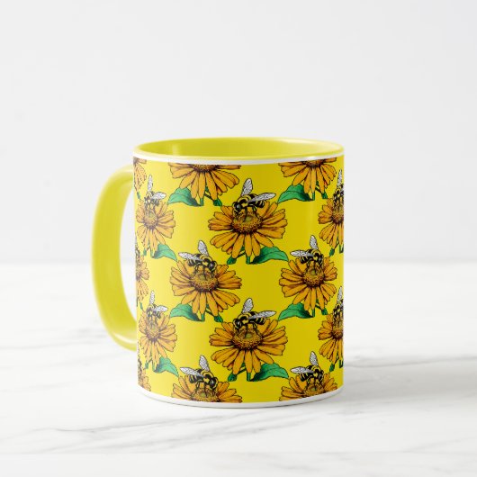 Bee on Sunflower Flower Pattern Design Yellow  Mok (Voorkant links)