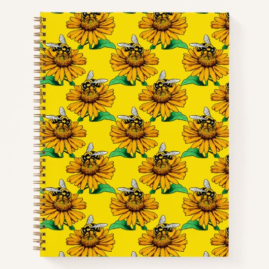 Bee on Sunflower Flower Pattern Design Yellow Notitieboek (Voorkant)