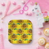 Bee on Sunflower Flower Pattern Design Yellow  Papieren Bordje (Feest)