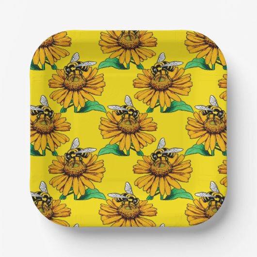 Bee on Sunflower Flower Pattern Design Yellow Papieren Bordje (Voorkant)