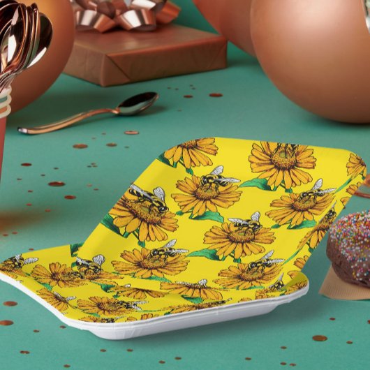 Bee on Sunflower Flower Pattern Design Yellow  Papieren Bordje