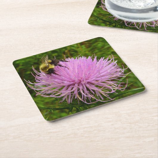 Bee on Thistle Flower Natuur Kartonnen Onderzetters (Schuin)