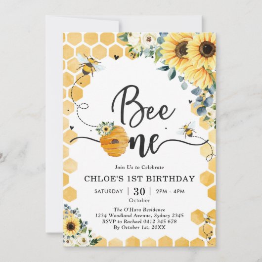 Bee One Honey Bee 1st Birthday Invitation Kaart (Voorkant)