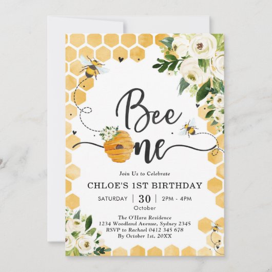 Bee One Honey Bee Floral 1st Birthday Invitation Kaart (Voorkant)
