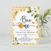 Bee One Honey Bee Floral 1st Birthday Invitation Kaart (Staand voorkant)