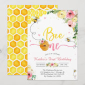 Bee One Honey Bee Girl 1st Birthday Invitation Kaart (Voorkant / Achterkant)