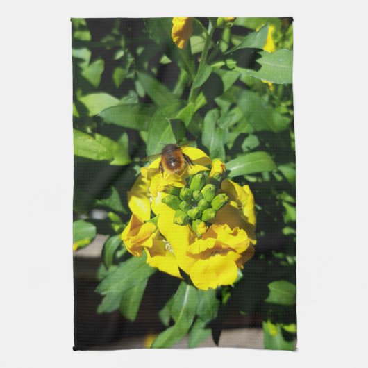 Bee op gele bloemen theedoek (Verticaal)