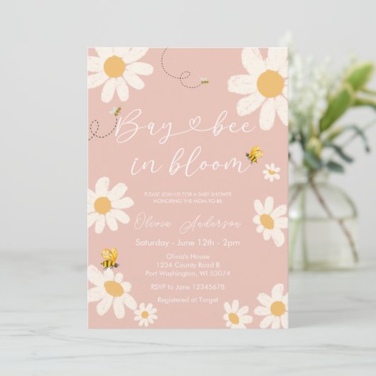 Bee Pink Daisy Schattige Bay Bee Baby shower Kaart (Staand voorkant)