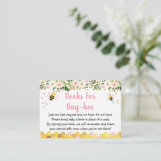 Bee Pink Gold Floral Baby shower Book Request Informatiekaartje (Staand voorkant)