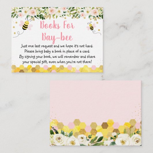 Bee Pink Gold Floral Baby shower Book Request Informatiekaartje (Voorkant / Achterkant)