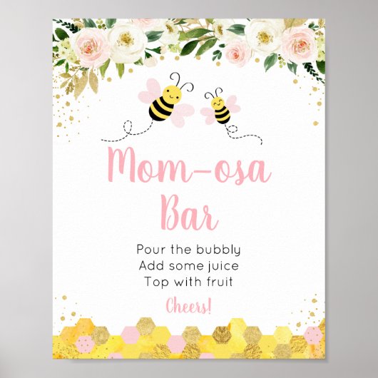 Bee Pink Gold Floral Baby shower Mimosa Bar Poster (Voorkant)