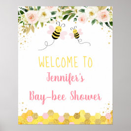 Bee Pink Gold Floral Baby shower Welkom Poster