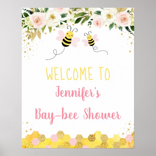 Bee Pink Gold Floral Baby shower Welkom Poster (Voorkant)