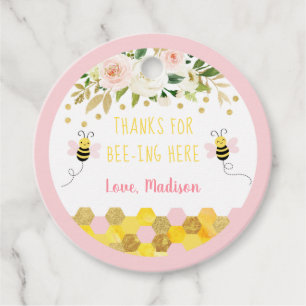 Bee Pink Gold Floral Birthday Hartelijk dank Bedankjes Labels