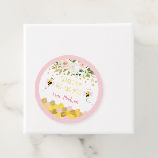 Bee Pink Gold Floral Birthday Hartelijk dank Bedankjes Labels (In situ)
