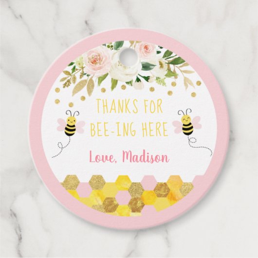 Bee Pink Gold Floral Birthday Hartelijk dank Bedankjes Labels (Voorkant)