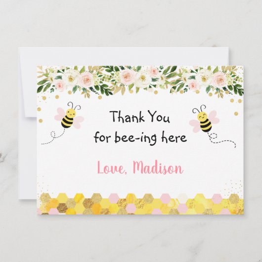 Bee Pink Gold Floral Birthday Hartelijk dank Bedankkaart (Voorkant)