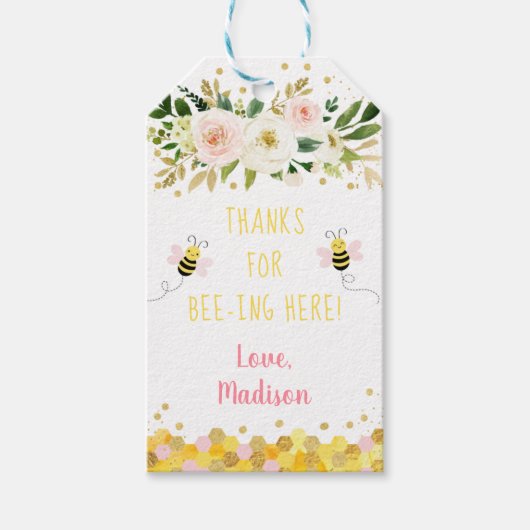 Bee Pink Gold Floral Birthday Hartelijk dank Cadeaulabel (Voorkant)
