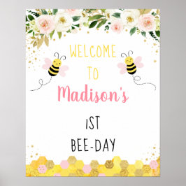 Bee Pink Gold Floral Birthday Welkomstwoord Poster