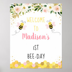 Bee Pink Gold Floral Birthday Welkomstwoord Poster