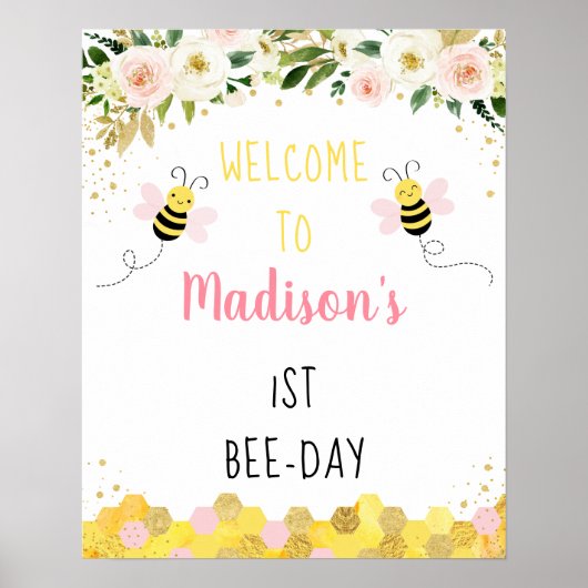 Bee Pink Gold Floral Birthday Welkomstwoord Poster (Voorkant)