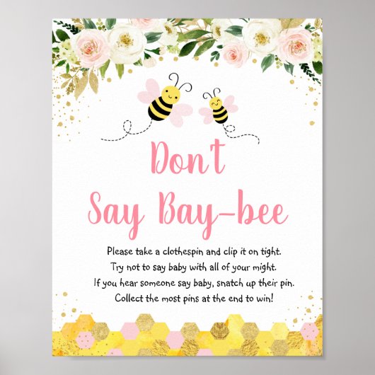 Bee Pink Gold Floral Zeg geen Baby-spel Poster (Voorkant)
