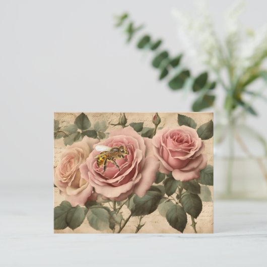  Bee Pink Roses Decoupage Briefkaart (Staand voorkant)