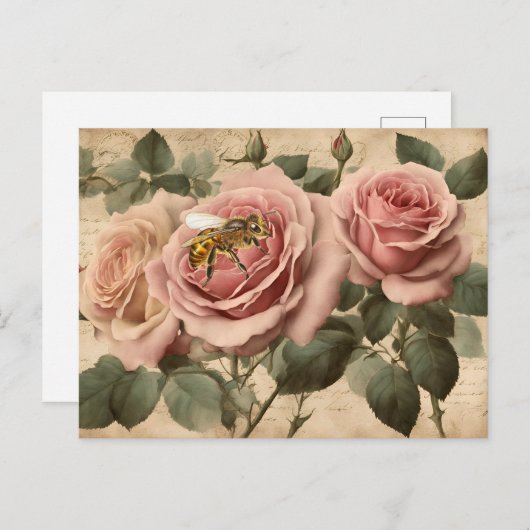  Bee Pink Roses Decoupage Briefkaart (Voorkant / Achterkant)