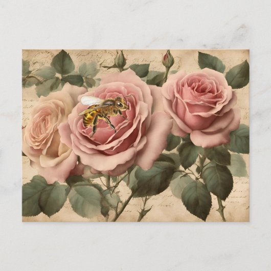  Bee Pink Roses Decoupage Briefkaart (Voorkant)