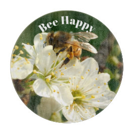 Bee & Plum Blossoms: Macro Art Glass Board Snijplank