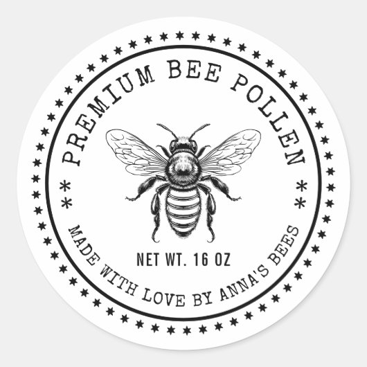 Bee pollen label met  schets honingbij (Voorkant)