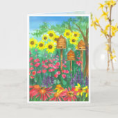 Bee Skep Waterverf Zonnebloemen Happy Birthday Kaart (Gele Bloem)