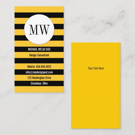 Bee Stripes Geel en Zwart met Monogram Visitekaartje (Voorkant / Achterkant)