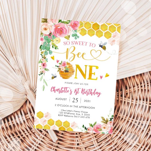 Bee Theme First Birthday Invitation Kaart