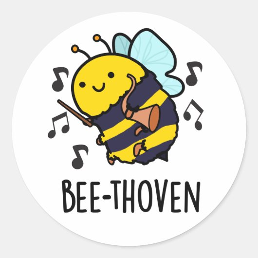 Bee-thoven Funny Music Bee Pun Ronde Sticker (Voorkant)