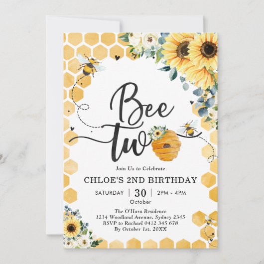 Bee Two Honey Bee 2nd Birthday Invitation Kaart (Voorkant)