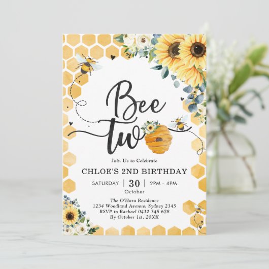 Bee Two Honey Bee 2nd Birthday Invitation Kaart (Staand voorkant)