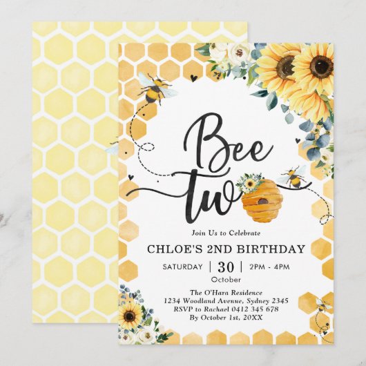 Bee Two Honey Bee 2nd Birthday Invitation Kaart (Voorkant / Achterkant)