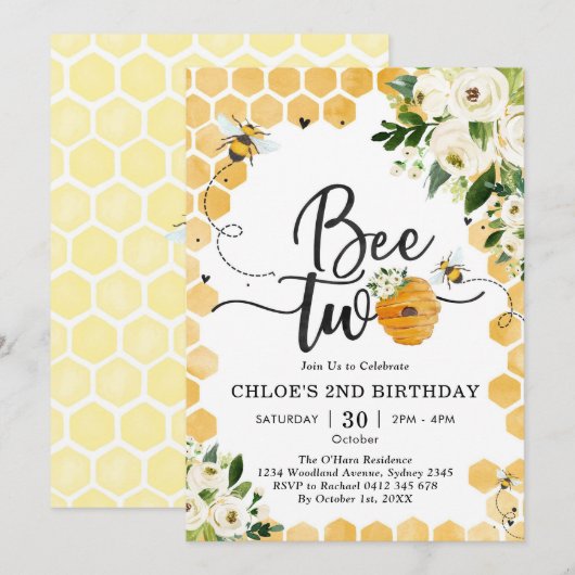 Bee Two Honey Bee 2nd Birthday Invitation Kaart (Voorkant / Achterkant)