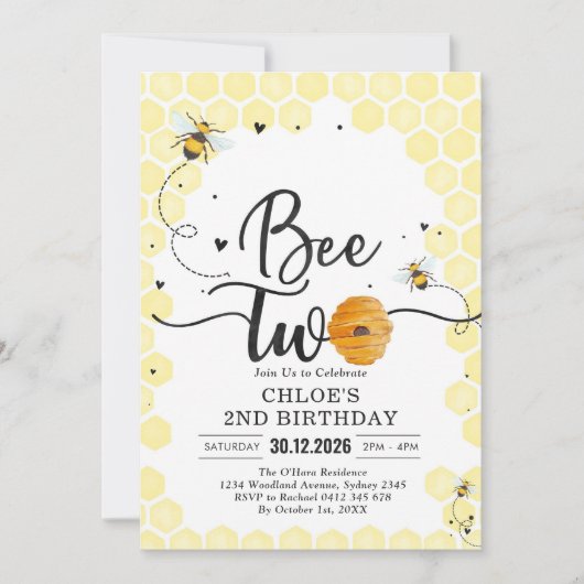 Bee Two Honey Bee 2nd Birthday Invitation Kaart (Voorkant)