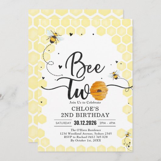 Bee Two Honey Bee 2nd Birthday Invitation Kaart (Voorkant / Achterkant)