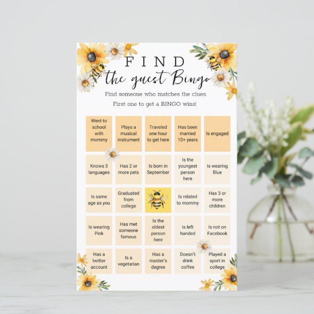 Bee Yellow Flowers Baby shower bingo spel (Staand voorkant)