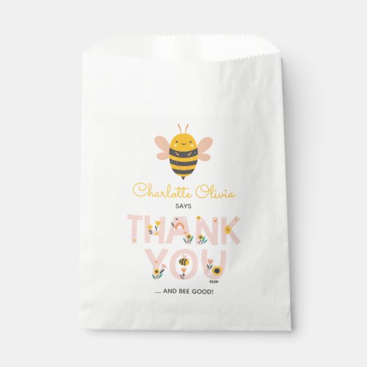 Bee Yellow & Roze Floral ONE Baby's 1ste verjaarda Bedankzakje (Voorkant)